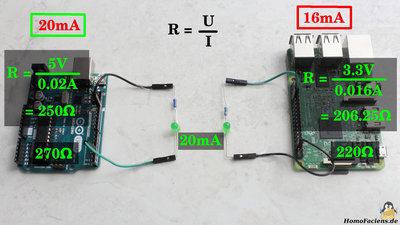 Raspberry Pi und Arduino mit LED und Vorwiderstand