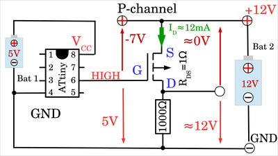 P-channel MOSFET at +12V supply voltage, HIGH level at gate pin