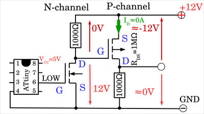 P-channel amplifier with n-channel level converter, switched OFF