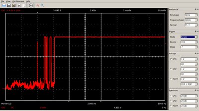 Oscilloscope plot of contact bounce while opening the switch