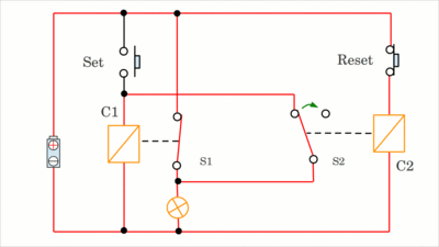 RS flip-flop with relays, working principle